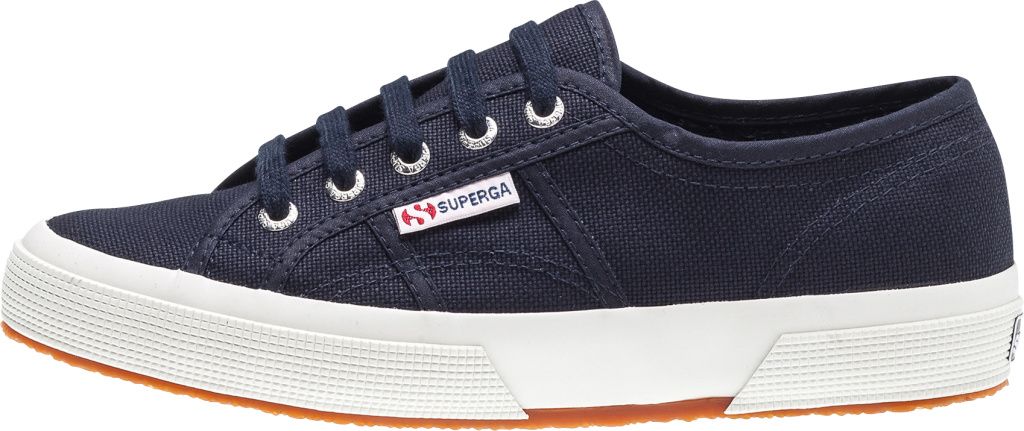 A side view of a navy blue Superga sneaker with a white sole and orange outsole.