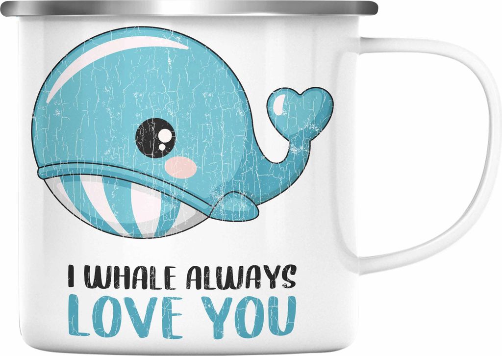 Trendation - Valentinstag Emaille Tasse Geschenk für Ihn Sie Lustig Wale Grafik Geschenkidee Becher Wortspiel Freund Freundin Liebe Paare (Silber)