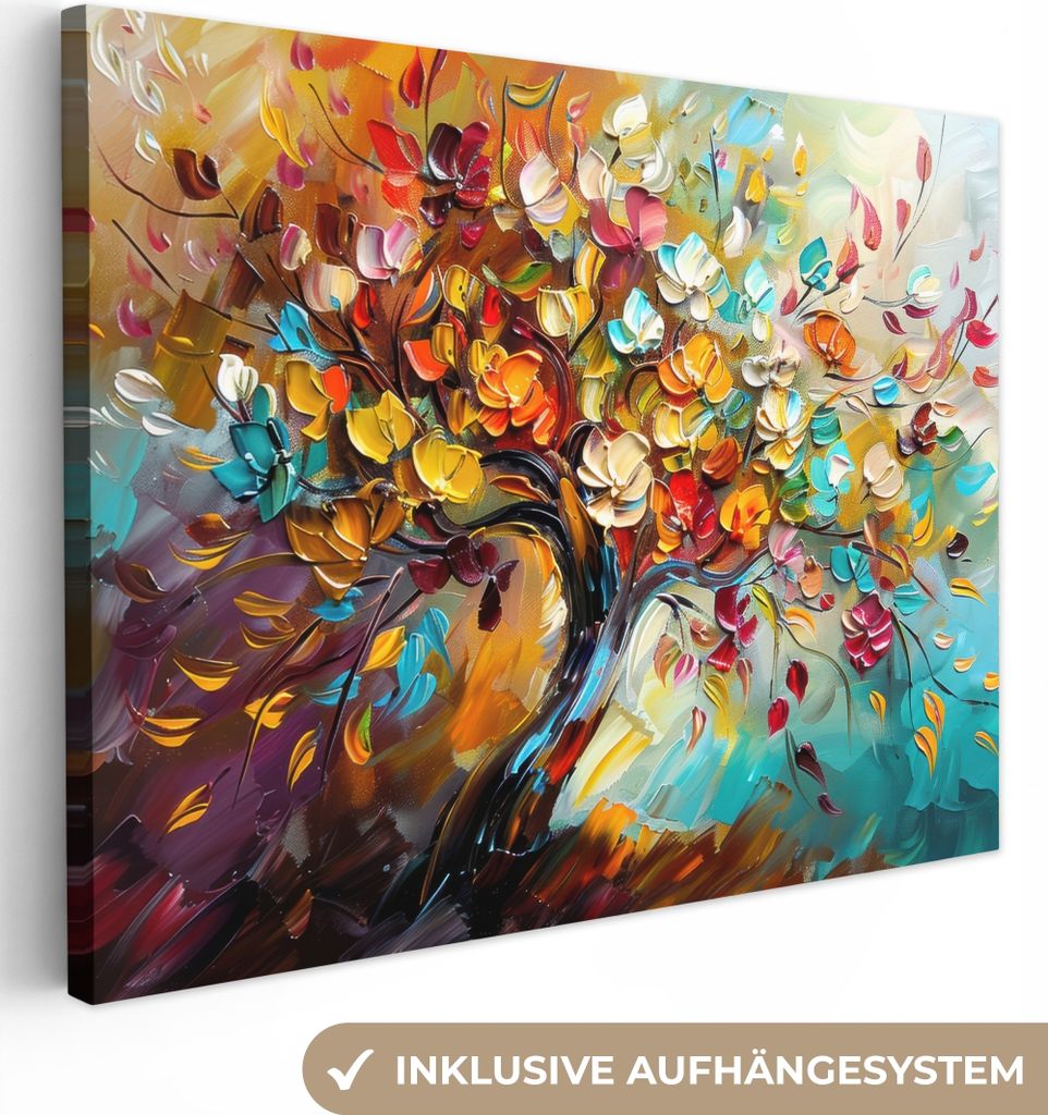 MuchoWow - Leinwandbilder - Baum - Abstrakt - Bunt - Blumen, Wandbild, Wanddeko Bilder Wohnzimmer, 40x30 cm