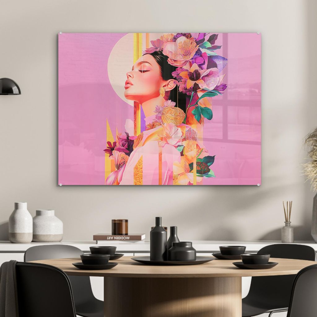 MuchoWow Glasbilder - Bilder auf Wandbild - Foto auf Glas Frau - Blumen - Lila - Abstrakt 80x60 cm Wanddekoration aus Glas - Acrylglasbild - Acrylb...