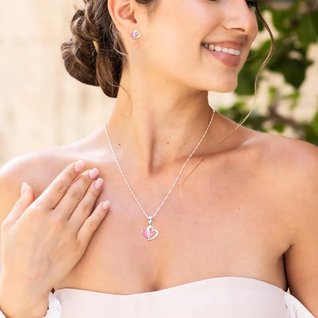 Set Collana e Orecchini Argento 925 Cuore Rosa Cristallo - Parure Donna - 4