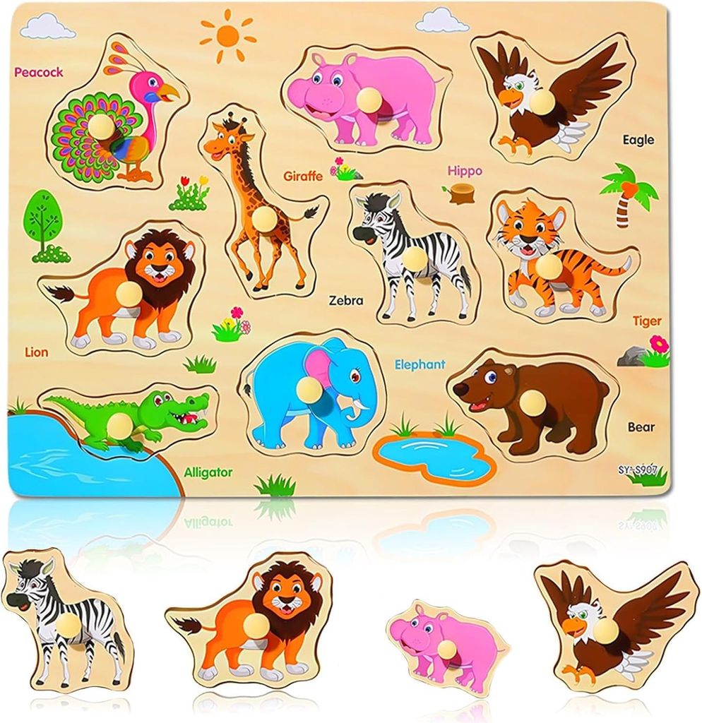 Steckpuzzle Bauernhof, Holzspielzeug bestehend aus Puzzles mit Dschungeltieren,Holzpuzzle ab 1 Jahr (Waldtier)