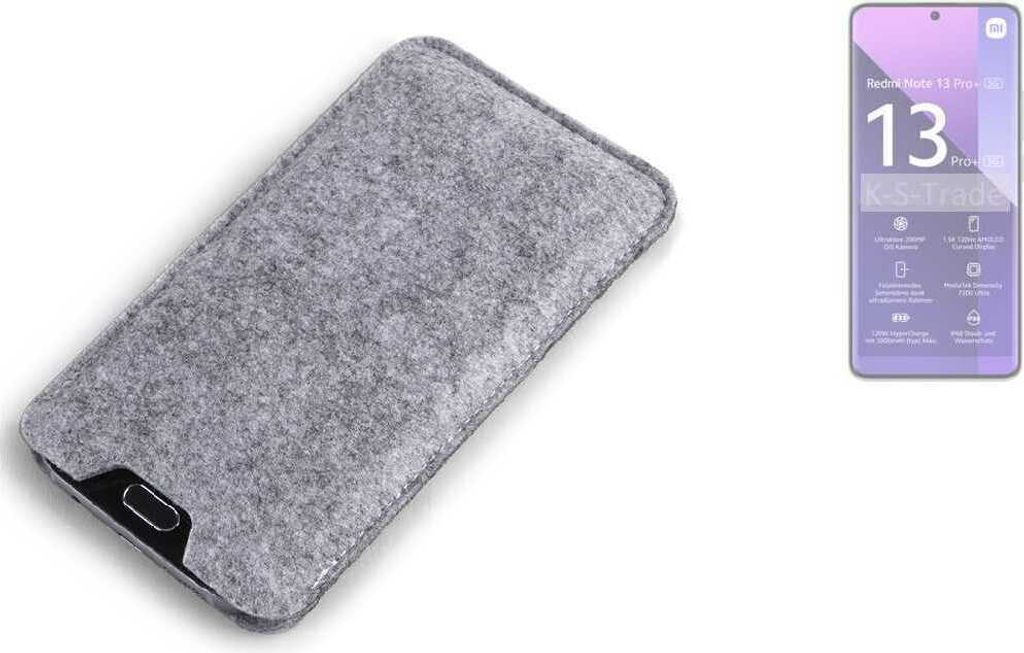K-S-Trade Filz Handyhülle kompatibel mit Xiaomi Redmi Note 13 Pro+ Schutzhülle Filztasche Filz Tasche Case Sleeve Handy Hülle Filzhülle grau