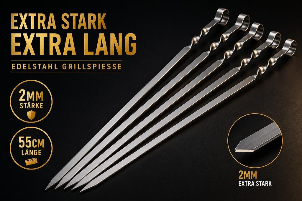 50 Stk. Schaschlikspieße Edelstahl 55 cm – 2 mm Extra Stark Produktbild 