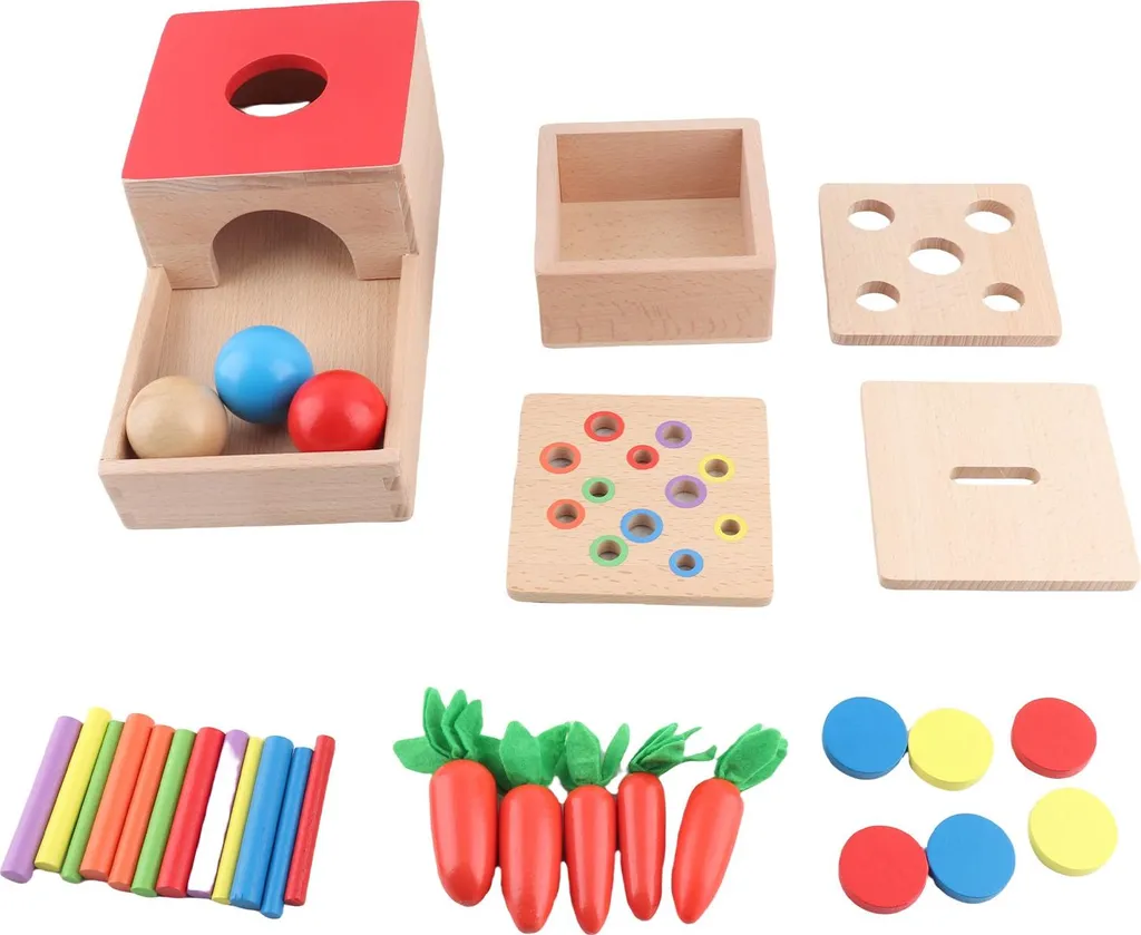 Kit Jouet d'Eveil Bois Montessori : Récolte Carottes et Pile de Tri 4en1