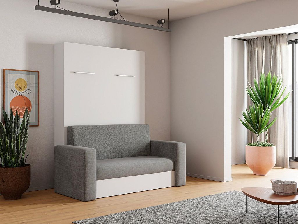 Klappbett mit manueller vertikaler Öffnung - 140 x 200 cm - Weiß und grau - VACIALA