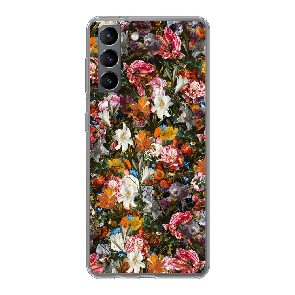 MuchoWow Handyhülle Schutzhülle Hülle für Samsung Galaxy S21 Blumen - Schmetterling - Design - Kunst - Abstrakt - Malerei - Alte Meister Sili...