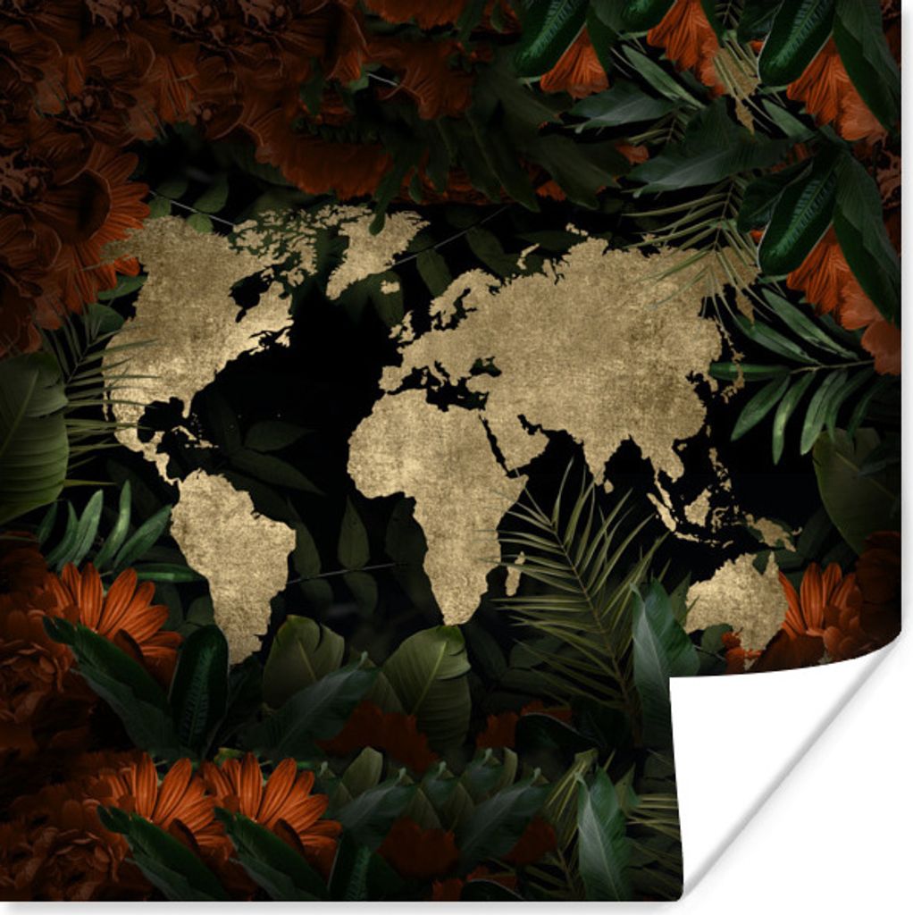MuchoWow Poster Weltkarte - Retro - Blumen 30x30 cm - Wandposter - Printing
