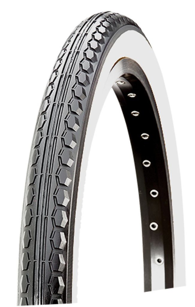 A bicycle tire with a white sidewall and black tread is shown against a white background.