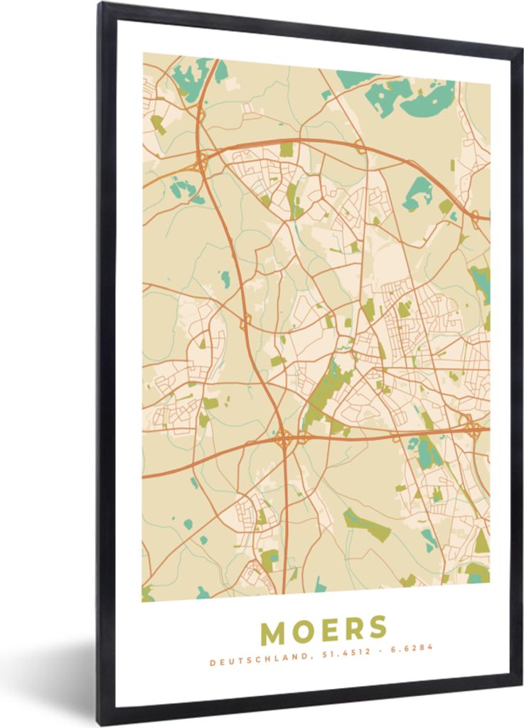 MuchoWow Gerahmtes Poster Moers - Karte - Vintage - Stadtplan 20x30 cm - Poster mit Schwarzem Bilderrahmen Wandposter Rahmen Foto Bilder - Drucke...