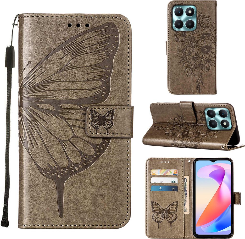 Lederhülle für Honor X6A Schmetterling Prägung Flip Ledertasche Kartenfächer Handyhülle mit Ständer Grau