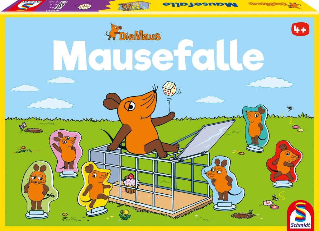 The image shows the box art for a board game called 'Mausefalle' (Mouse Trap) by Die Maus. It features cartoon mice and a mouse trap in a grassy, outdoor setting.