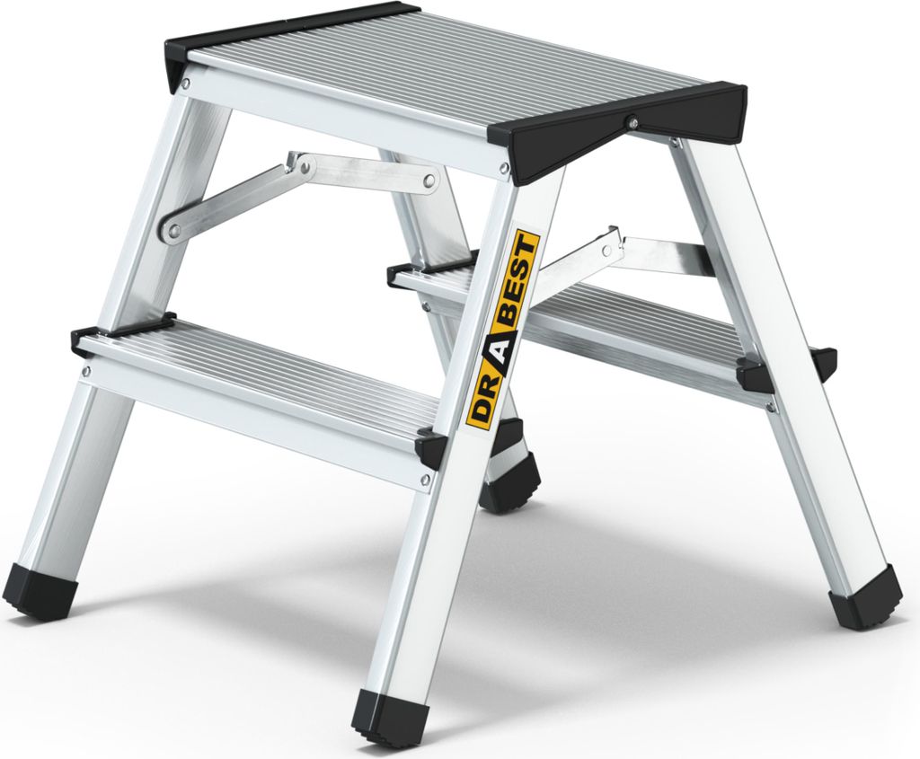 A two-step aluminum stepladder shown from a front-diagonal angle against a white background.