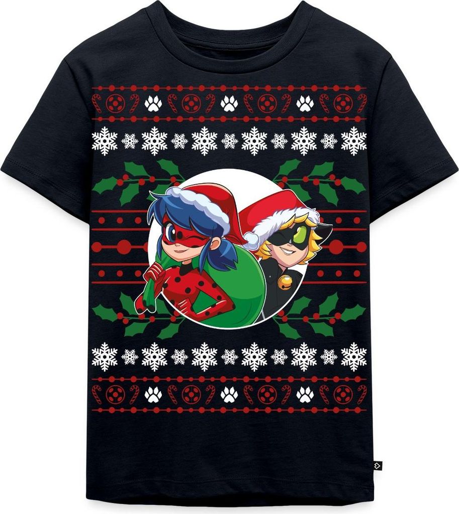 Spreadshirt Miraculous Ladybug Und Cat Noir Ugly Christmas Kinder Premium T-Shirt, 122/128 (6 Jahre), Navy