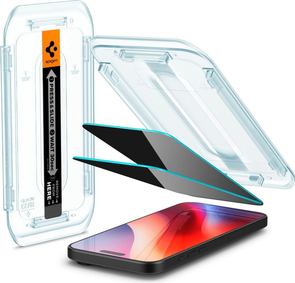 A Spigen screen protector kit for an iPhone, including the installation guide and two screen protectors, shown with an iPhone.