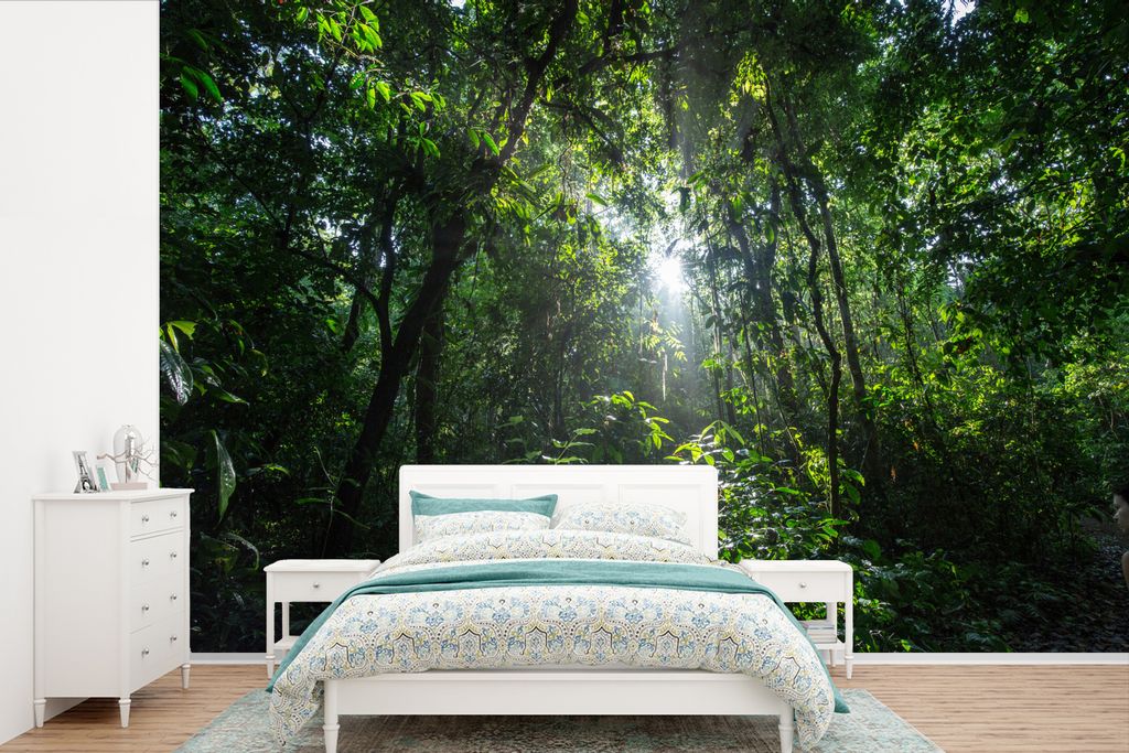 MuchoWow Fototapete für Wohnzimmer oder Schlafzimmer Wandtapete Vinyl Motivtapete Die Sonne bricht durch das Laub, Costa Rica - 525x350 cm - Das...