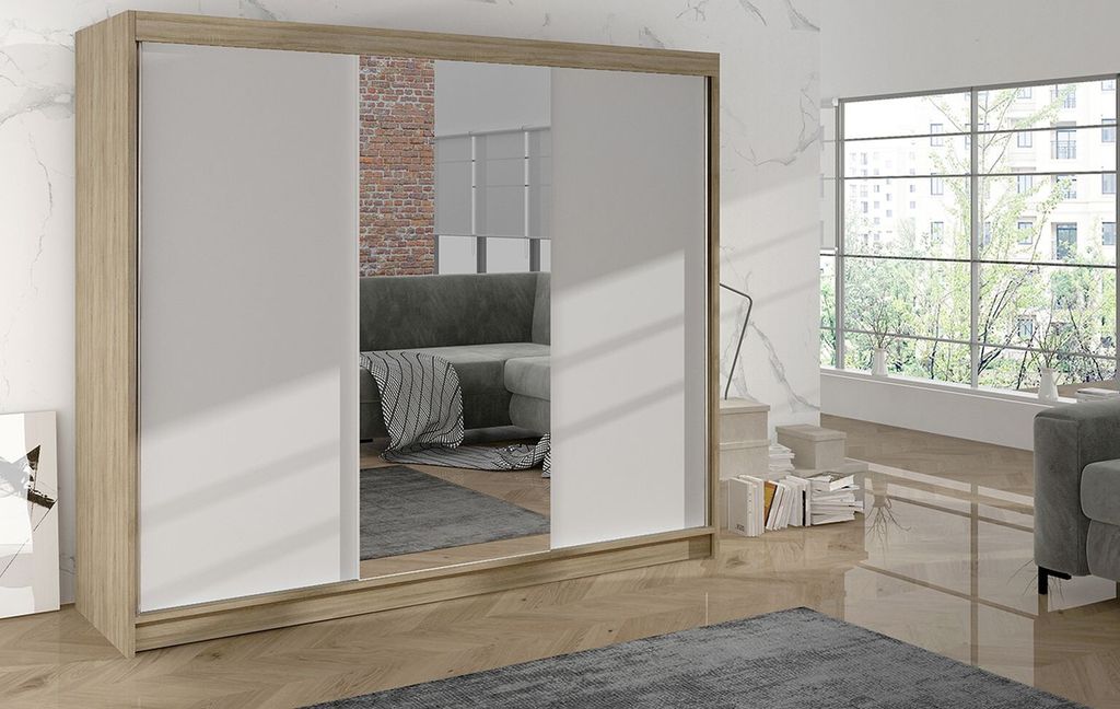 A bedroom scene with a large wardrobe and a window.