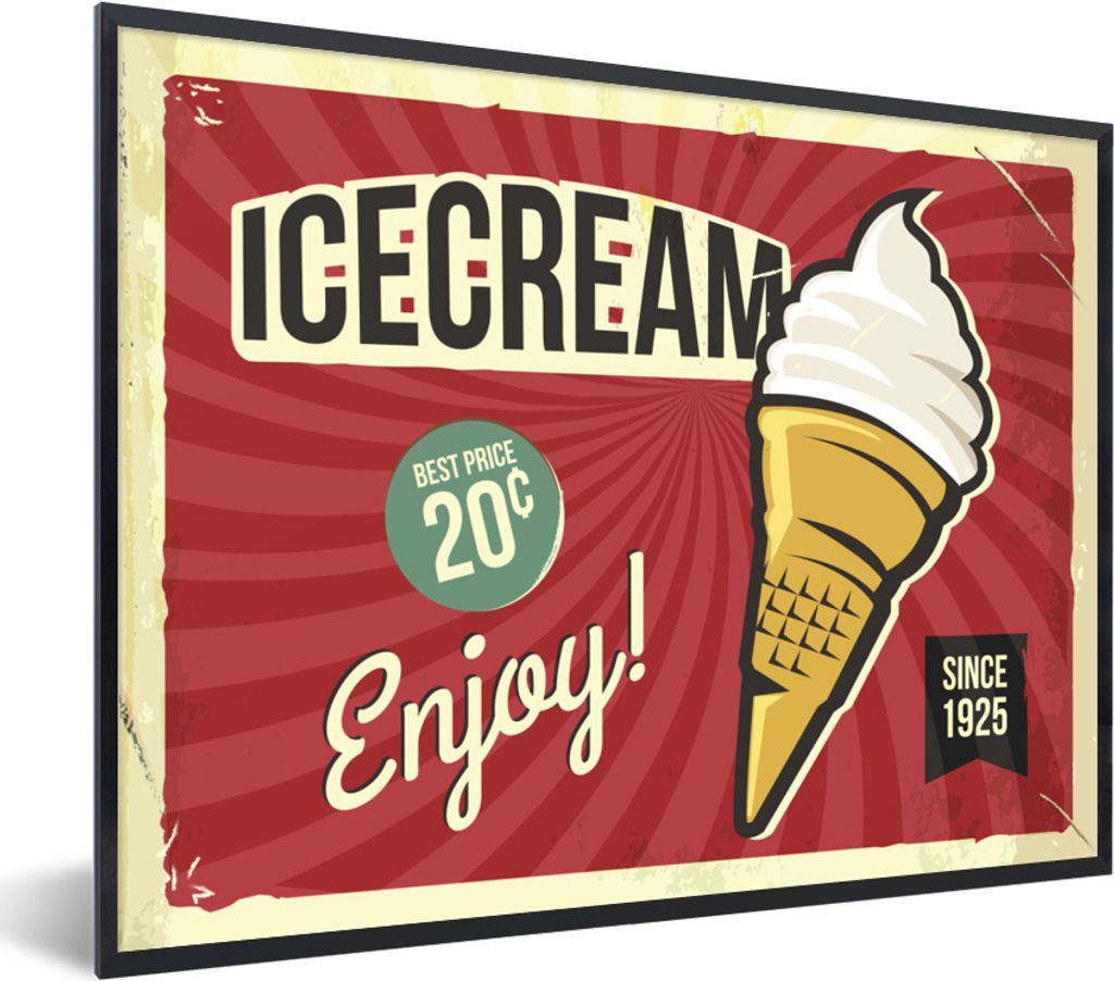MuchoWow MuchoWow Gerahmtes Poster Eiscreme - Vintage - Plakatwand - Zeichnung 40x30 cm - Poster mit zchwarzem Bilderrahmen - Kunstposter - Wan...