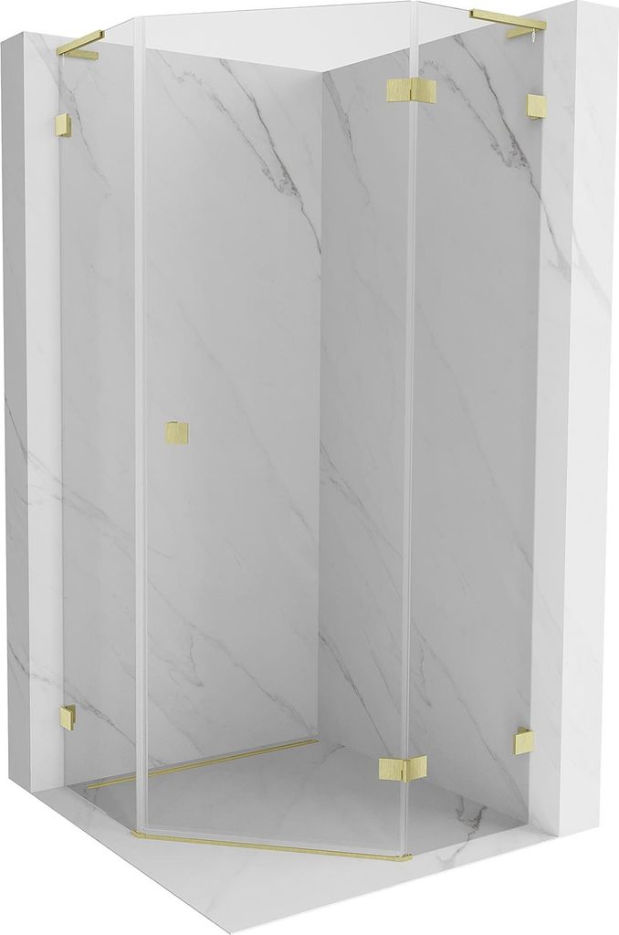 Mexen Lunar L fünfeckige Duschkabine, rechte Schwingtür 80 x 80 cm, transparent, gebürstetes Gold - 831L-080P-080L-55-00-P