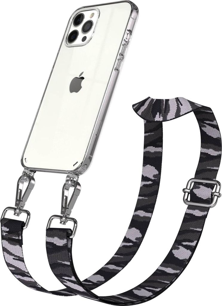 EAZY CASE Handykette - Verstellbarer Trageriemen kompatibel mit Apple iPhone 12 Pro Max, Handykordel mit transparenter Silikon-Hülle, Karabiner Si...