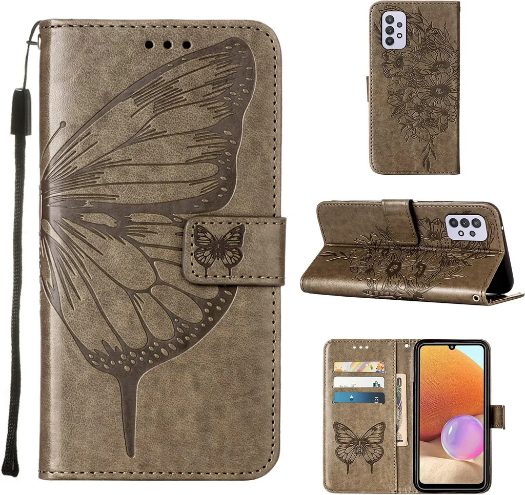 Galaxy A32 5G Case, Farfalla in rilievo Flip Custodia in pelle con supporto per Samsung Galaxy A32 5G Grigio