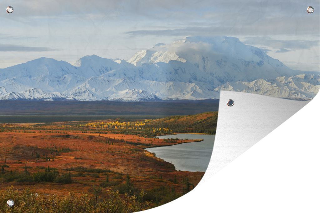 MuchoWow 120x80 cm Outdoor-Poster Gartendeko Sichtschutz Garten Poster für den Garten Der amerikanische Berg Denali und der Wonder Lake bei Son...