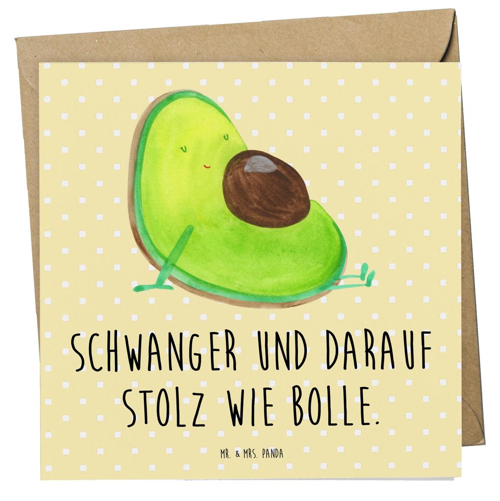 Mr. & Mrs. Panda Glückwunschkarte Avocado Schwangerschaft - Gelb Pastell - Geschenk, faltkarte, doppelkarte, Klappkarte, Baby, Geburt, anlasskarte...