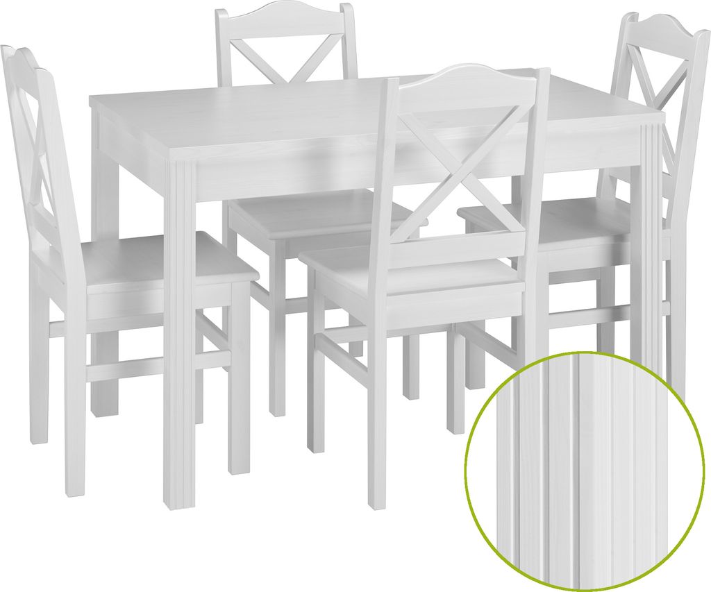 Landhaus-Essgruppe mit Tisch und 4 Stühle Kiefer Massivholz waschweiß 90.70-51 C W-Set 20