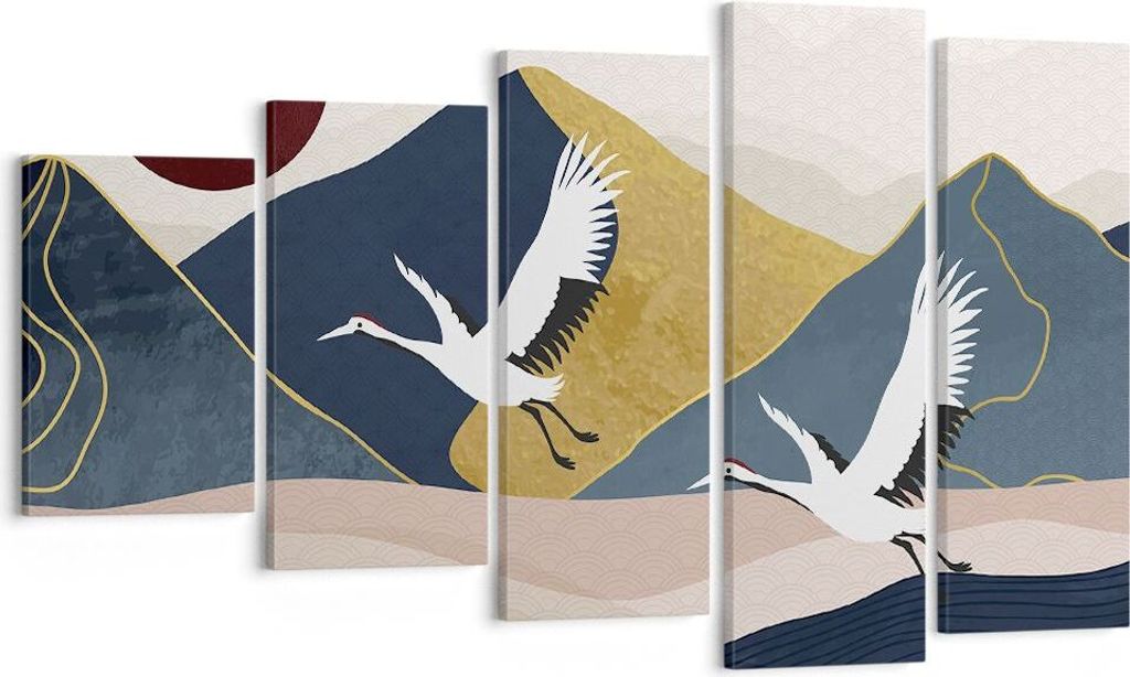 Bild auf Leinwand - Leinwandbild - 5 Teile - Kraniche Berge Sonne - 100x60cm - Wand Bild - Wanddeko - Wandbilder - Leinwanddruck - Bilder - Wanddek...