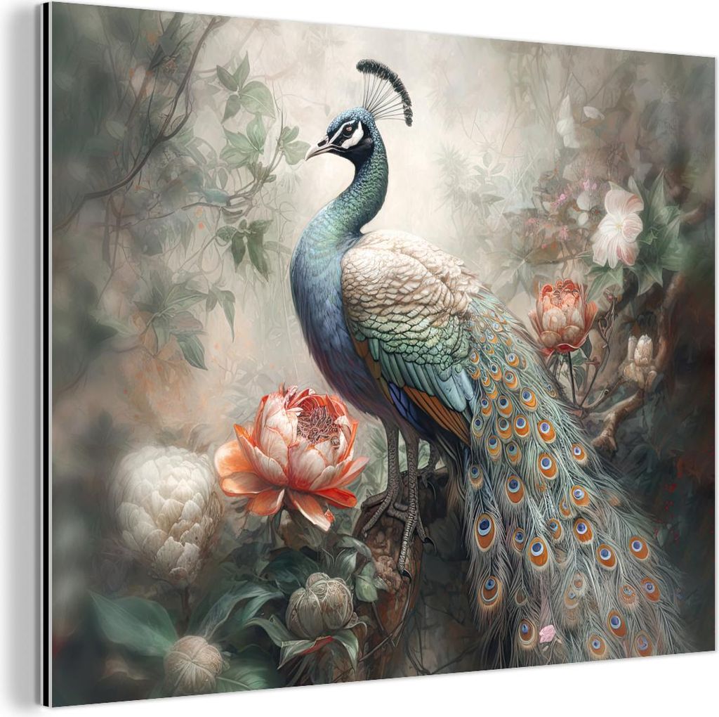 MuchoWow Wanddekoration Metall Metallbild Wandkunst 80x60 cm Pfau - Pfauenfedern - Vogel - Dschungel - Blumen MuchoWow Aluminium Gemälde - Alubild