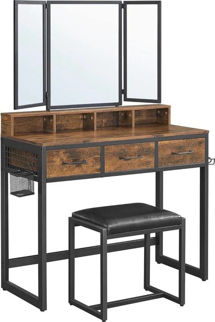 Miroir industriel pour entrée avec rangement clés et accessoires rustique