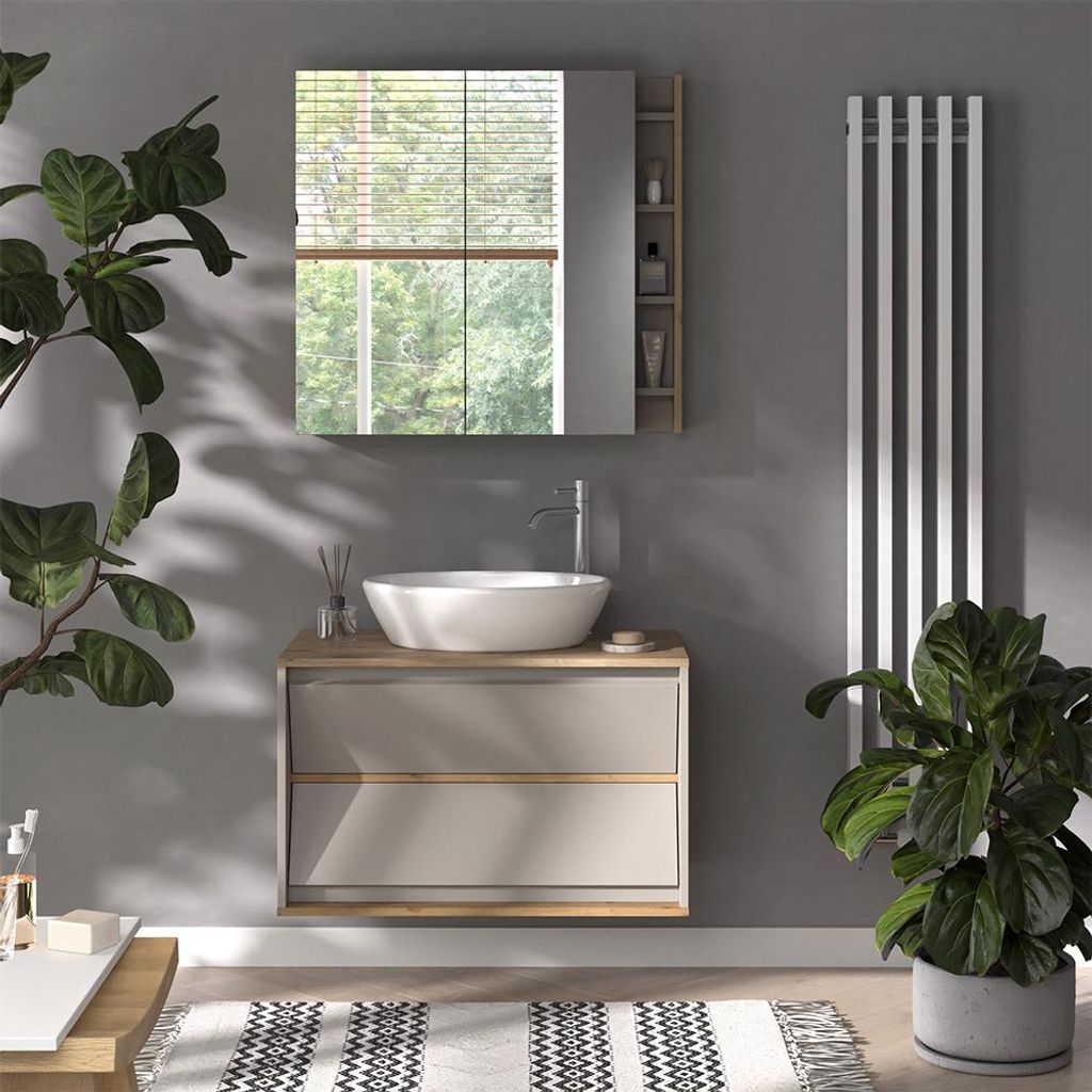 A modern bathroom vanity with a vessel sink and faucet, set against a gray wall with plants and a radiator.