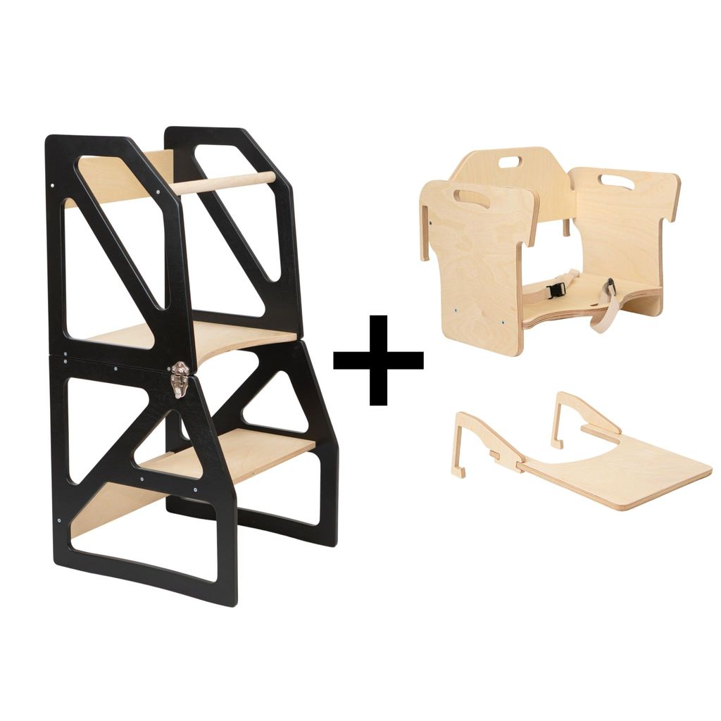 leg&go Verstellbarer Lernturm 2-in-1 Modustep Schwarz Set - Montessori Lernturm mit Fütterungsstuhl & Tisch