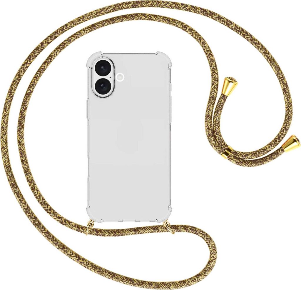 Handykette Backcover-Schutzhülle mit Band (Metall goldfarben) für iPhone 16 Plus - braun+beige