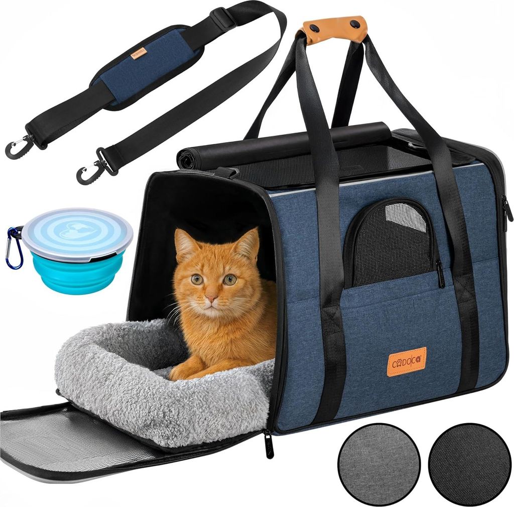 CADOCA Transportbox Katzen bis 20kg faltbar Sonnen- und Regendach Schultergurt mit Napf Atmungsaktiv Komfortabel Wendekissen Haustier Katzenbox T...