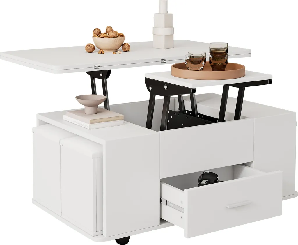 Sweiko Table Basse Réglable en Hauteur et Mobile avec 4 Tabourets Blanc - 7