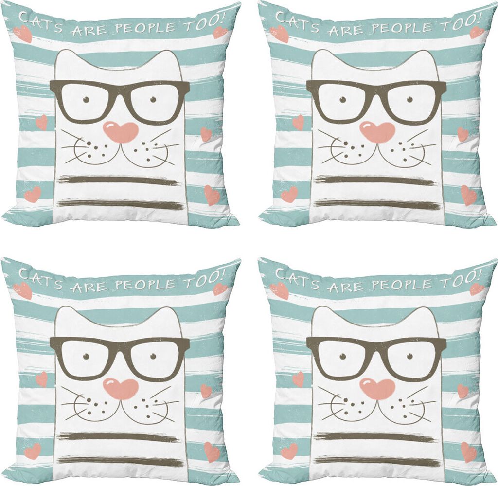 ABAKUHAUS Tier Kissenbezug Set (4 Stück), Hipster-Cartoon-Katzen-Kunst, Moderner Doppelseitiger Digitaldruck, 60 cm x 60 cm, Weiß Blau und Pink