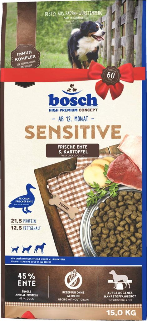 Hondenvlees droogvoeding, Bosch Sensitive, met eend en Productafbeelding 
