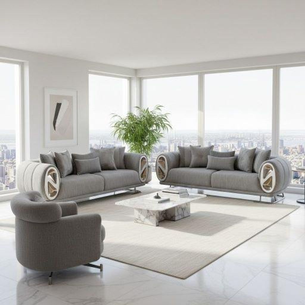 Sofa Set Big-Dubai Modernes 3-Sitzer + 3-Sitzer + Sessel aus Teddy-Stoff Spar-Set, 3-Sitzer + 3-Sitzer + Sessel Farbe: Teddystoff Grau