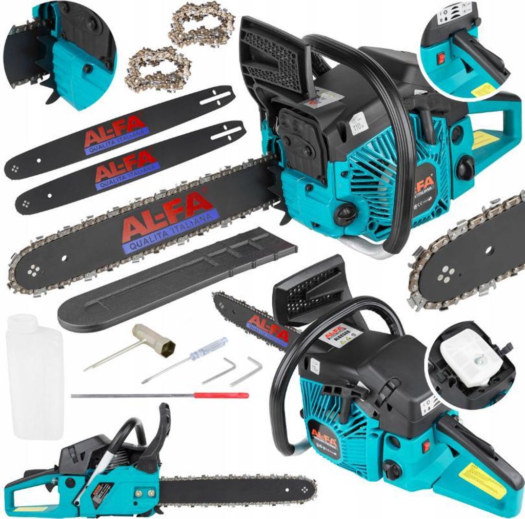 Benzin Kettensäge AL-FA 6,5 PS 52ccm +2 Kette 2 Schwert 15''/ 18'' Motorkettensäge Motorsäge Gartensäge
