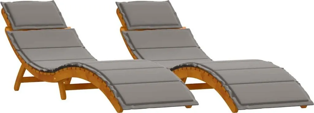 Chaise longue en bois massif d'acacia et coussins gris confortables x2