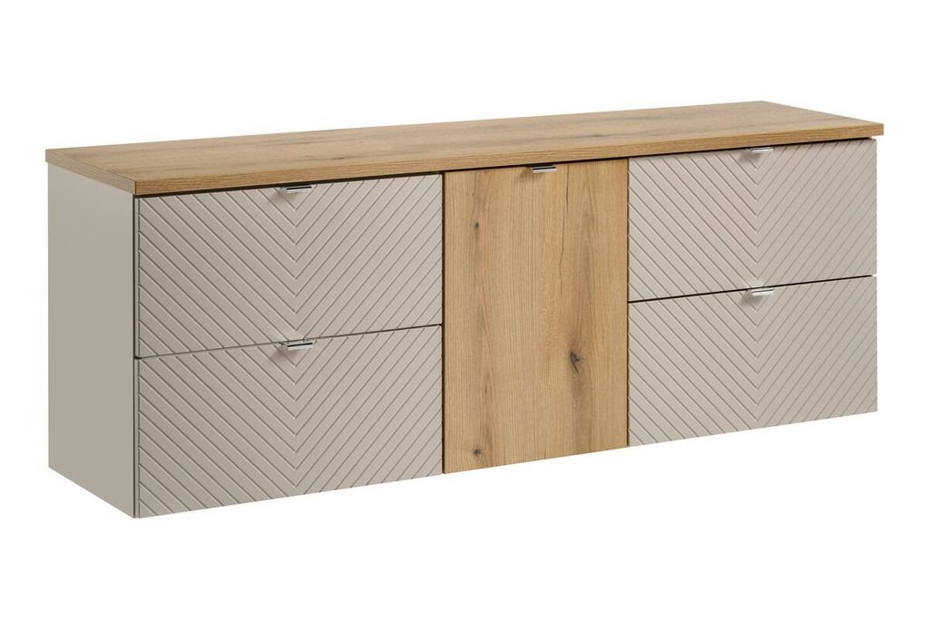 Badmöbel-Set - Seitenschrank 40 cm mit Wäschekorb, 2 unterschränke & Arbeitsplatte 160 cm, Viva Cashmere V BM274 - Kaschmir Matt/ Evoke Eiche