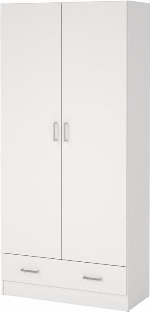 A white wardrobe with two doors and one drawer.