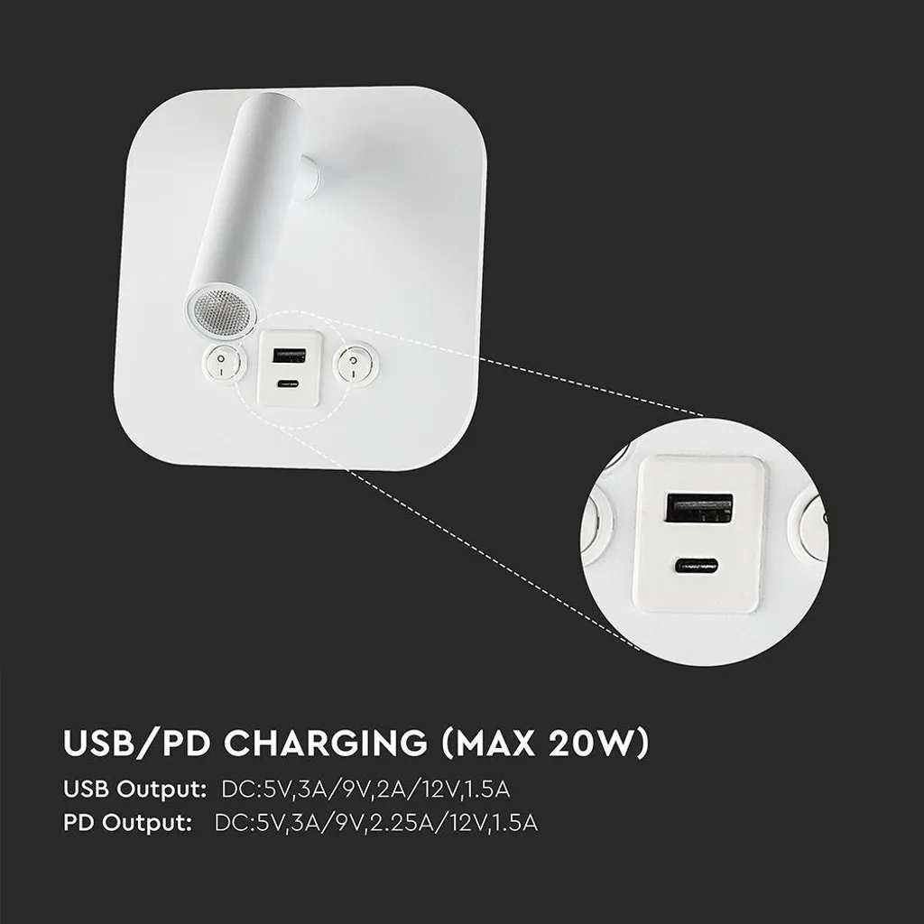 Applique LED 8W blanche orientable avec chargeur rapide USB et PD - 5