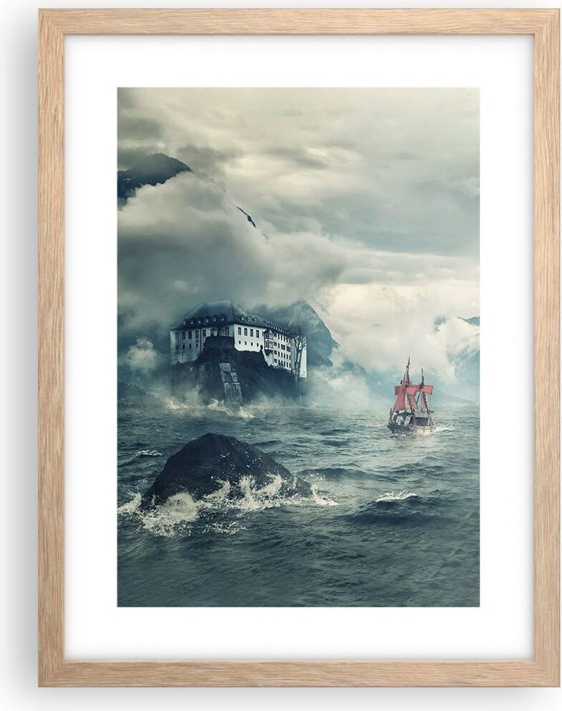Gerahmtes Poster - Rahmen in heller Eiche - Sturm Berge Segelschiff - 30x40 cm - Wand Bild - Wanddeko - Wandbilder - Wandposter - Bilderrahmen - Bi...
