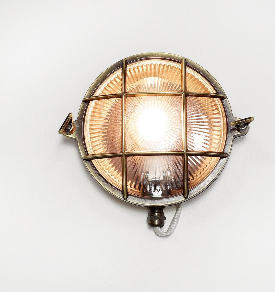 Wandlampe Außen Antik Echt-Messing Rostfrei E27 Riffelglas Käfigschirm IP64 Feuchtraumleuchte Außenleuchte Haus