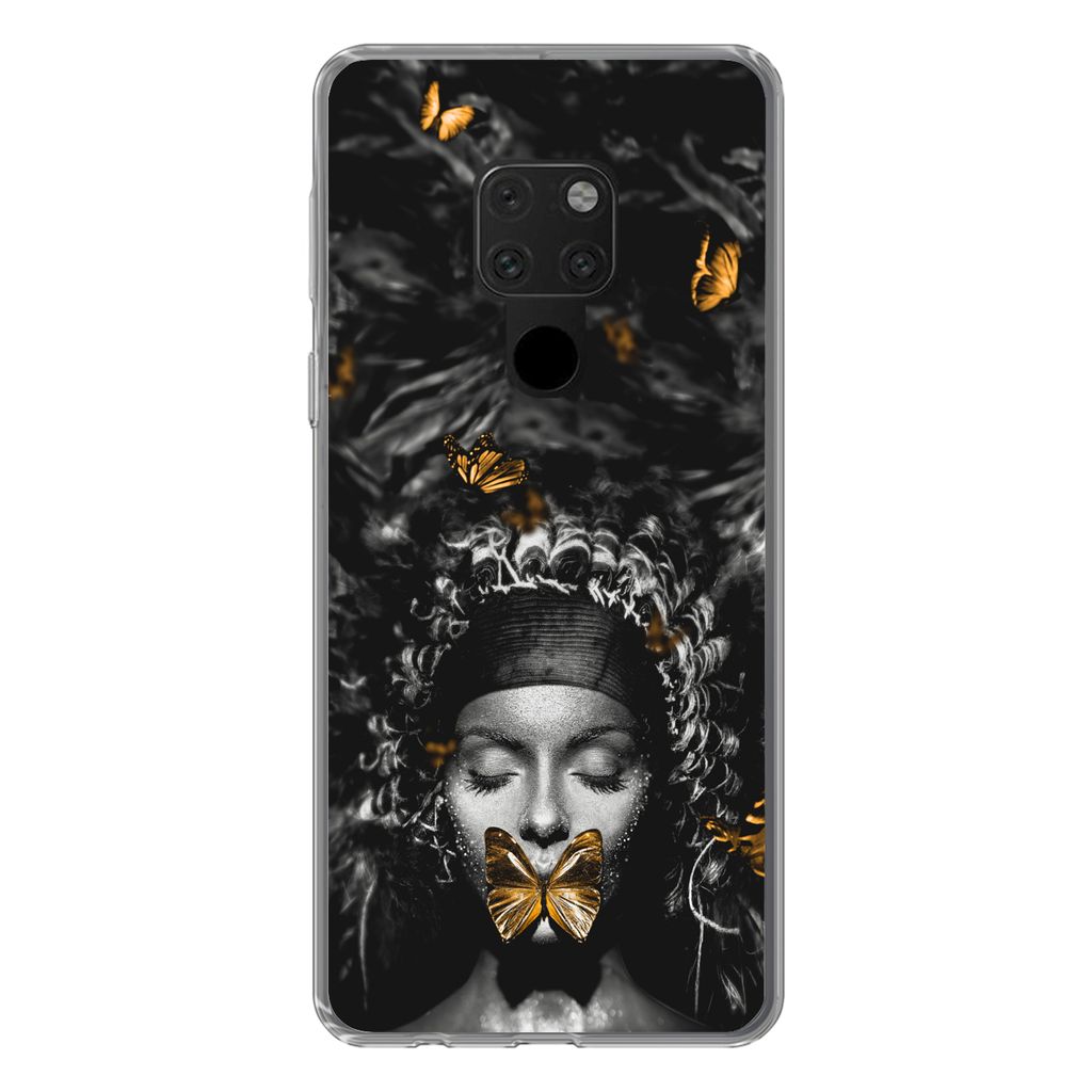 MuchoWow Handyhülle Schutzhülle Hülle für Huawei P40 Lite Frau - Schmetterlinge - Schwarz - Weiß Silikon Softcase Handy Hülle - Handy