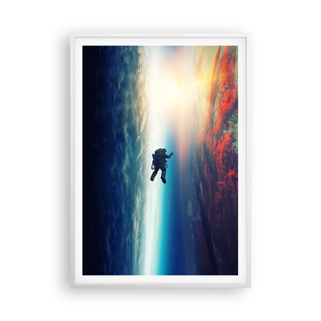 Gerahmtes Poster - Weißer Rahmen - Kosmos Astronaut Planet - 70x100 cm - Wand Bild - Wanddeko - Wandbilder - Kunstposter - Wandposter - Bilderrahm...