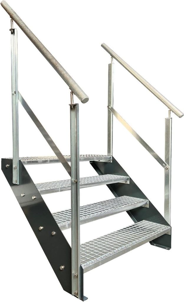 Gitterrost Stahl Wangentreppe 4 Stufen Verzinkt & Anthrazit Pulverlackierte Wangen + beidseitigem Geländer - (L x B x H) 82cm x 80cm x 76cm