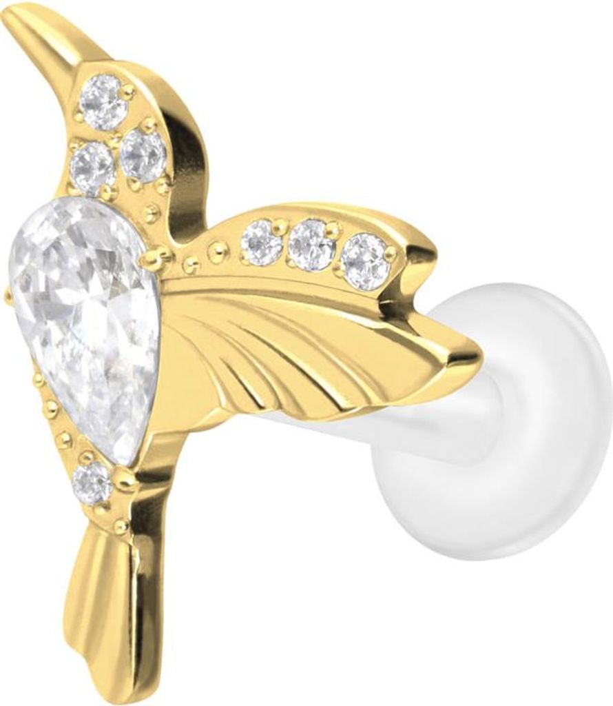 Ohrpiercing, Nasenpiercing PTFE Labret mit Innengewinde + Titan-Aufsatz KOLIBRI Gold Stablänge: 10mm | Stabstärke: 1,6mm